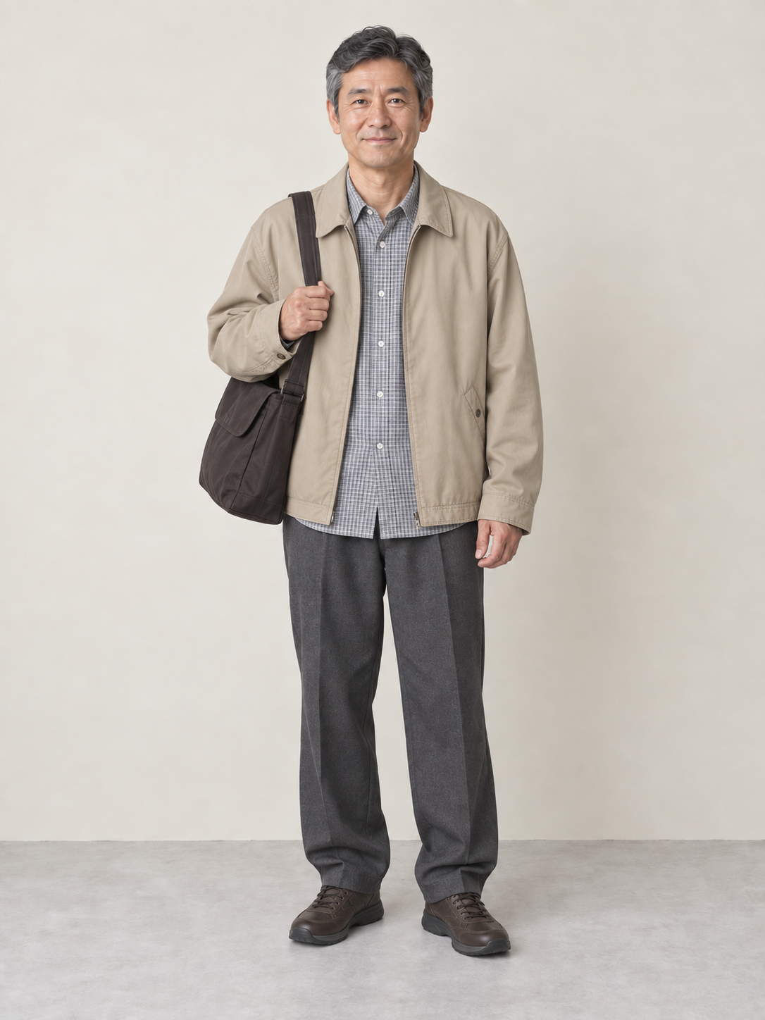 ゆとりの大きいベージュの上着と裾が余るパンツを着た50代男性の服装例