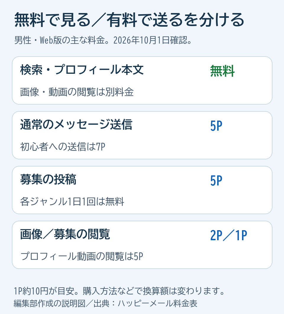 男性Web版の検索とプロフィール本文は無料、通常メッセージ5P、募集投稿5Pと無料条件、画像閲覧2Pを整理した料金図