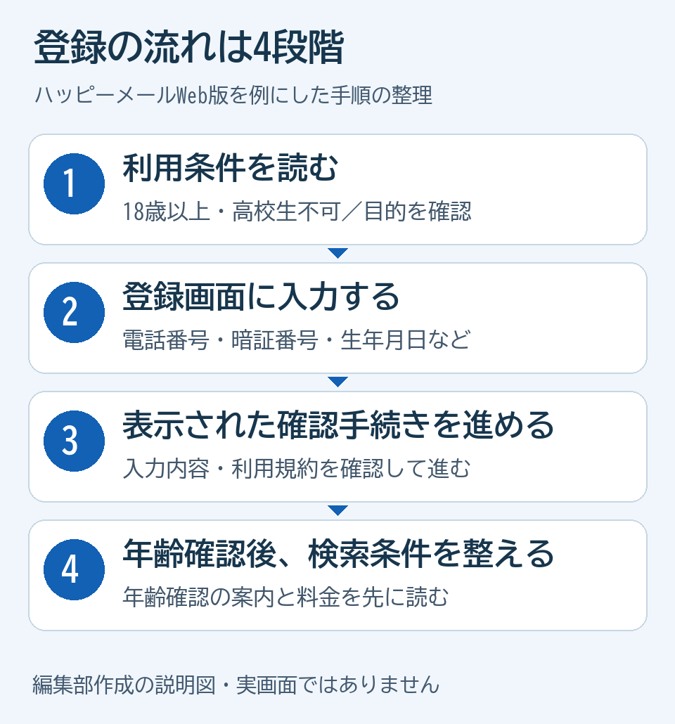 ハッピーメールWeb版の登録を利用条件、入力、確認手続き、年齢確認の4段階に分けた説明図